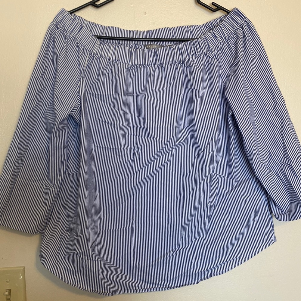 Pinstripe off shoulder shirt